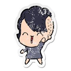 distressed sticker of a cartoon happy hipster girl