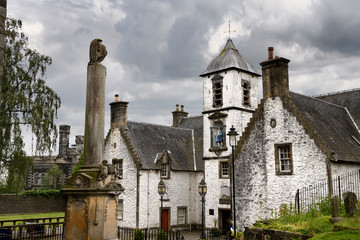 17th Century Burgh architecture of Cowanes Hospital with statue of John Cowane at Holy Rude Old Town cemetery and Stirling Jail Scotland