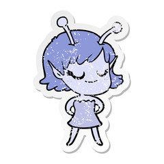 distressed sticker of a smiling alien girl cartoon
