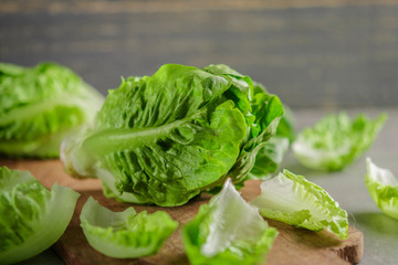 ripe organic green salad Romano on a cutting board