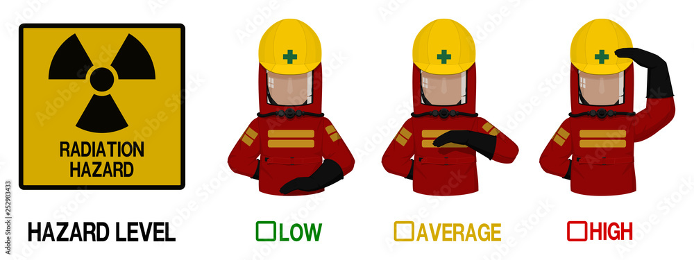 Sticker Set of industrial worker with Radiation protective suit is gesturing hand sign ( high low average)