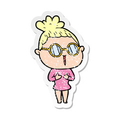 distressed sticker of a cartoon woman wearing spectacles