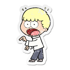 distressed sticker of a cartoon shocked man pointing