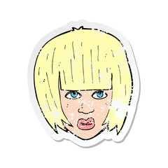 retro distressed sticker of a cartoon annoyed girl with big hair