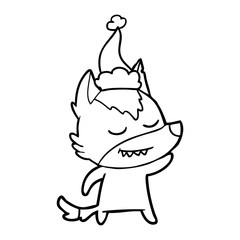 friendly line drawing of a wolf wearing santa hat