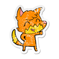 distressed sticker of a happy cartoon fox