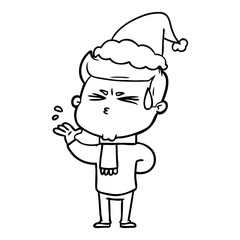 line drawing of a man sweating wearing santa hat