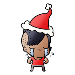gradient cartoon of a crying girl wearing santa hat