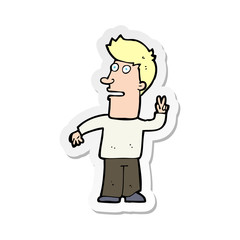 sticker of a cartoon man making peace sign