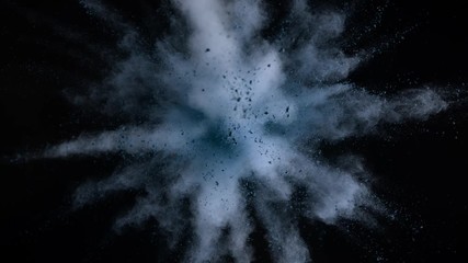Super slowmotion shot of blue powder explosion isolated on black background.