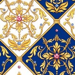 Seamless baroque pattern with decorative golden leaves and gems