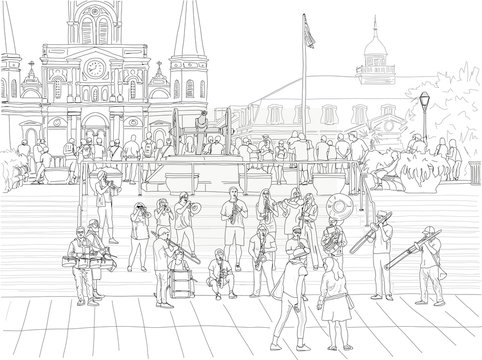 Hand drawn illustration. A big brass band performs jazz music to a crowd in Jackson Square in the French Quarter, with the St. Louis Cathedral in the distance.