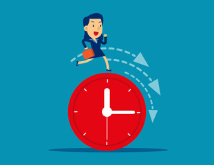 Businesswoman running on clock representing deadline. Concept cute business vector illustration. Time Management, Leadership.