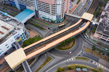 Top down view of Hong Kong light rail in the city