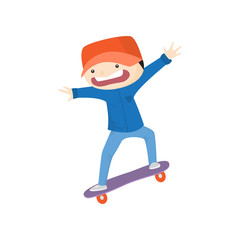 Scared boy skateboarding down from hill isolated on white background