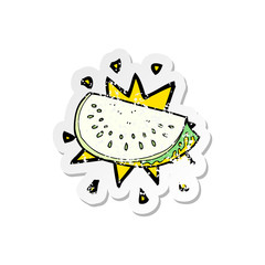 retro distressed sticker of a cartoon melon slice