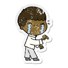 distressed sticker of a cartoon man crying
