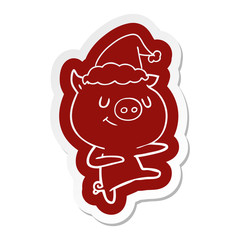 happy cartoon  sticker of a pig dancing wearing santa hat