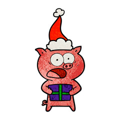 textured cartoon of a pig with christmas present wearing santa hat