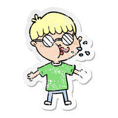 distressed sticker of a cartoon boy wearing spectacles