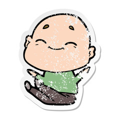 distressed sticker of a happy cartoon bald man