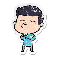 distressed sticker of a cartoon model guy pouting