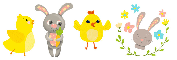 Naklejka premium cute easter characters. Chicken and bunny on a white background