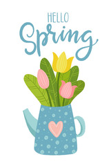 bucket of flowers on a white background and the inscription Hello Spring. greeting card