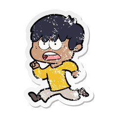 distressed sticker of a worried cartoon boy