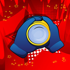 Obraz premium Vector cartoon hand holding a binocular to look through. Illustrated sign on comic book background.