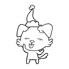 line drawing of a dog sticking out tongue wearing santa hat