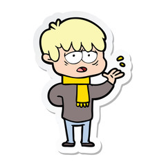 sticker of a cartoon exhausted boy
