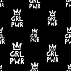 Girl power seamless pattern. Feminist vector illustration. Isolated on black background.