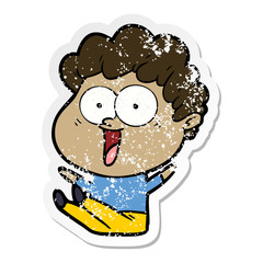distressed sticker of a cartoon happy man