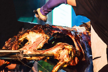 Traditional Thai Street Food, Beef barbecue grill on outdoor fireplace for roasting meat, cooked...