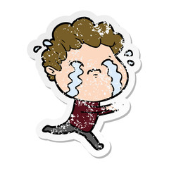 distressed sticker of a cartoon man crying