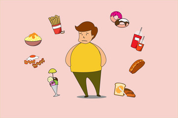 Fat men with various foods and desserts_Concept flat style vector medical illustration. EPS10