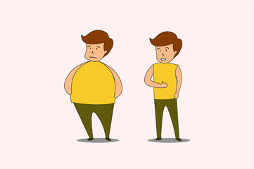 Fat men who change themselves into healthy men. Concept flat style vector medical illustration. EPS10
