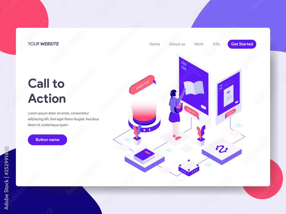 Poster landing page template of call to action illustration concept. isometric flat design concept of web p