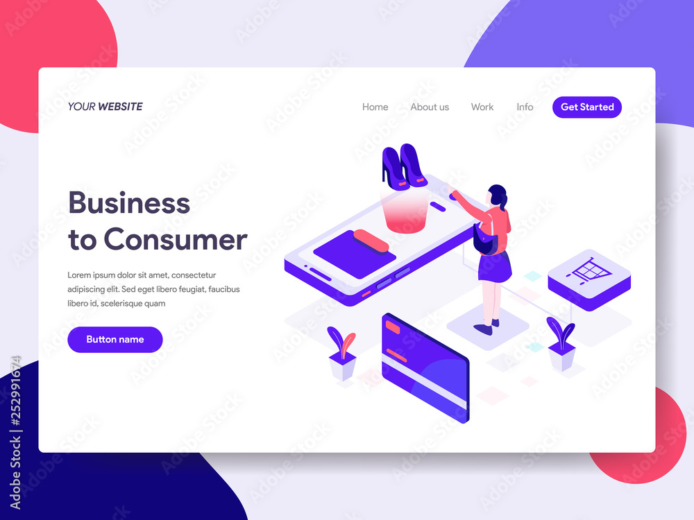Poster landing page template of business to consumer illustration concept. isometric flat design concept of
