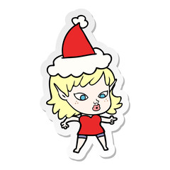 pretty sticker cartoon of a elf girl wearing santa hat