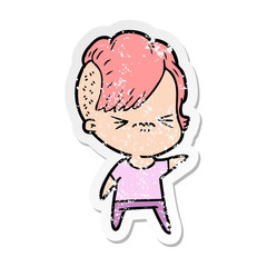distressed sticker of a cartoon annoyed hipster girl