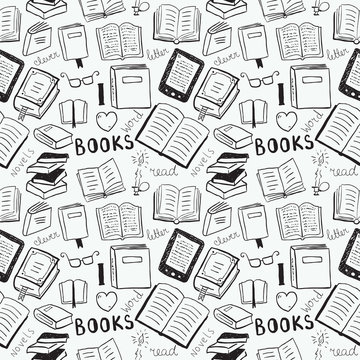 Book icon set in thin line style seamless pattern