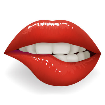 Teeth biting red glossy lips female mouth stylish women lipstick fashion cosmetics mockup isolated on white design vector illustration
