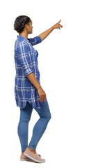 Side view of a black African-American woman in a shirt pointing upwards.