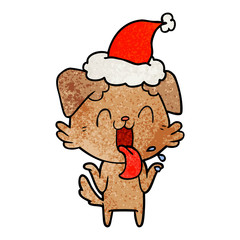 textured cartoon of a panting dog shrugging shoulders wearing santa hat