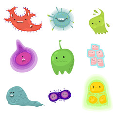 Viruses and bacteria emoticon character set of infection or illness in microbiology against white