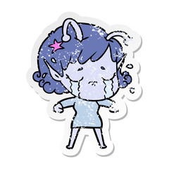 distressed sticker of a cartoon crying alien girl