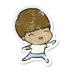 distressed sticker of a happy cartoon boy