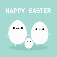Happy Easter. Egg family with lips, mustaches. Love couple. Boy and girl holding hands. Cute cartoon kawaii funny character set. Mothe father baby. Flat design. Blue pastel color.